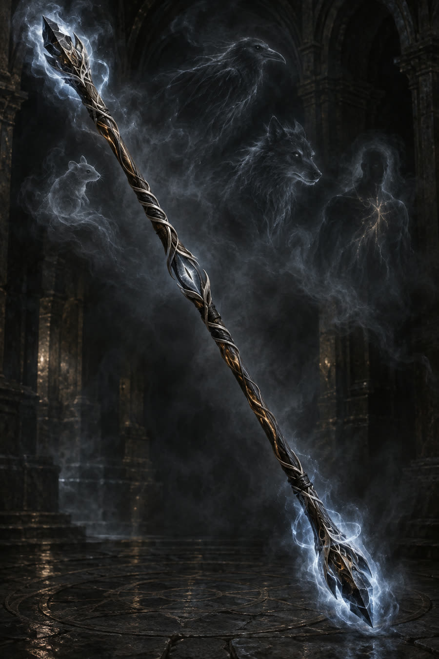 Chagwal the sentient staff, black heartwood with silver veins and blue-white energy tips, surrounded by the ghostly forms of a raven, wolf, mouse and shade it has inhabited